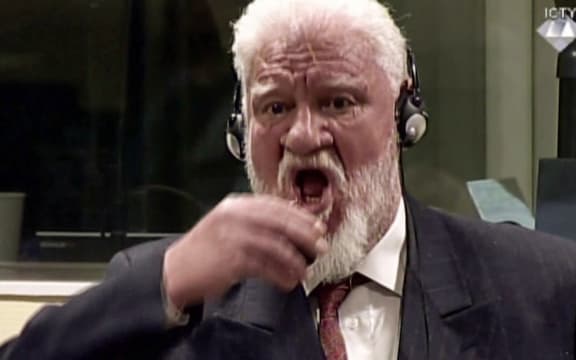 Slobodan Praljak seen in a videograb of footage of the International Criminal Tribunal.