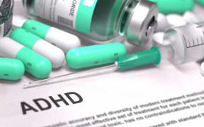 ADHD - Printed Diagnosis with Blurred Text. On Background of Medicaments Composition - Mint Green Pills, Injections and Syringe.