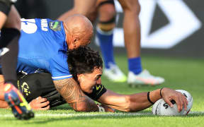 Casey McLean of the Kiwis scores his second try  during New Zealand Kiwis  v Toa Samoa,  round 1 of the Pacific Championships at Go Media Stadium, Auckland, New Zealand on Sunday 19 October 2025.
Photo: Fiona Goodall / Photosport
