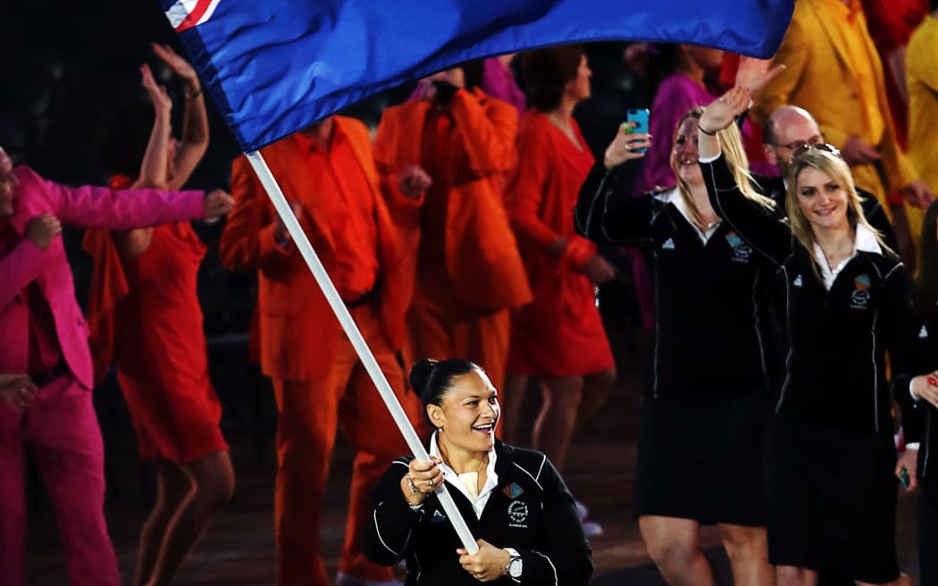 New Zealand flag bearer Valerie Adams at the opening ceremony of the Glasgow Commonwealth Games.