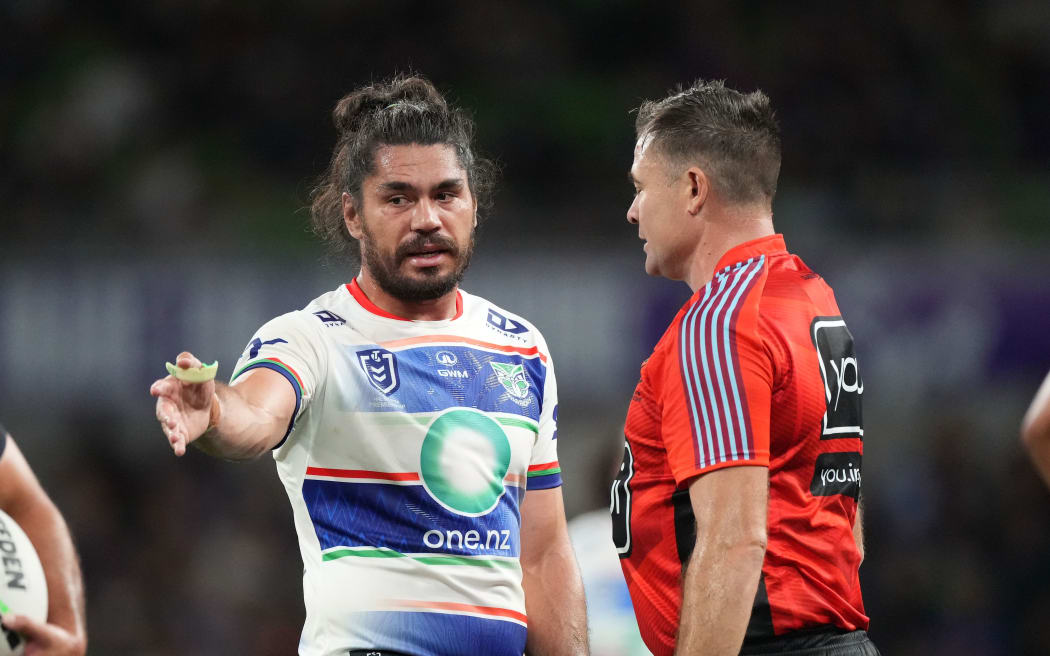 Tohu Harris talks to referee Chris Butler.