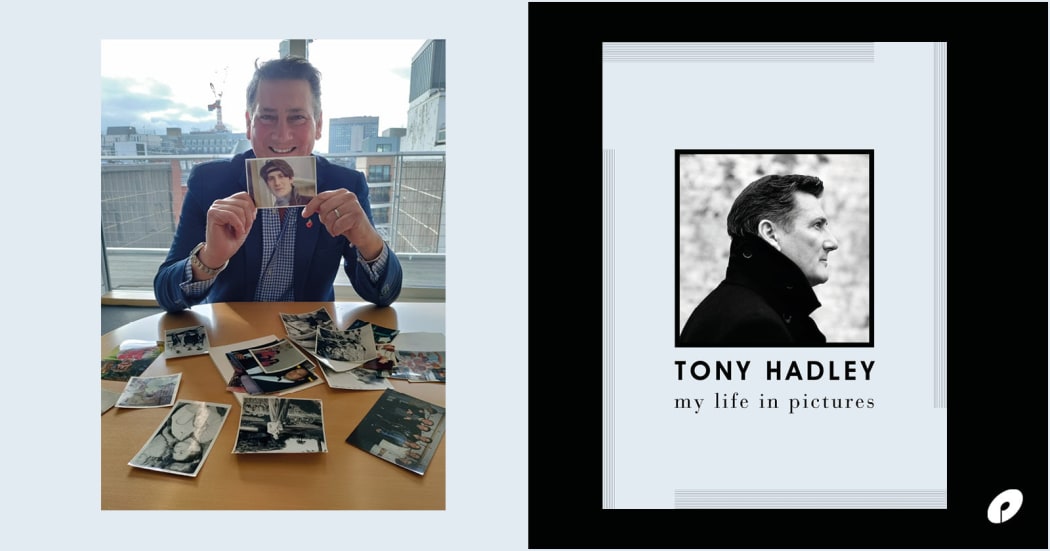 Composite image of Spandau Ballet's Tony Hadley sitting at a table looking at old pictures along side the cover of his book "My Live In Pictures"