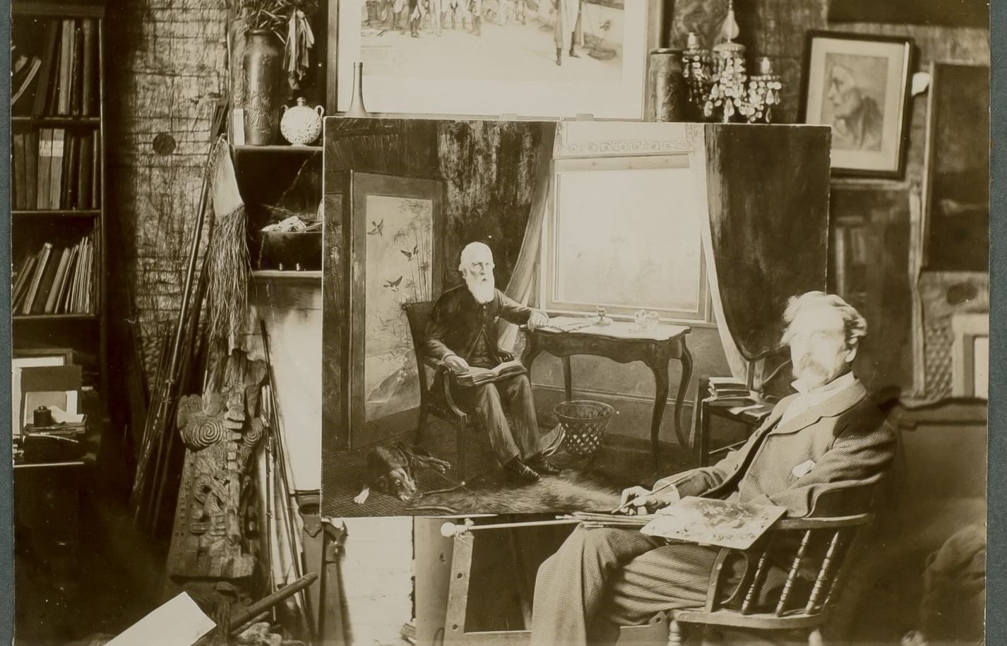 Louis John Steele in his studio with his portrait of Sir John Logan Campbell at Kilbryde, black and white photograph from Campbell’s unpublished “My autobiography”, 1904-7, Campbell papers, Cornwall Park Trust on deposit Auckland War Memorial Museum.