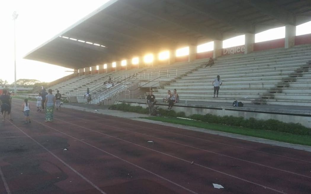 Local church using the Teufaiva Stadium which is in need of renovations to host rugby test and Pac Games. Jan 2017