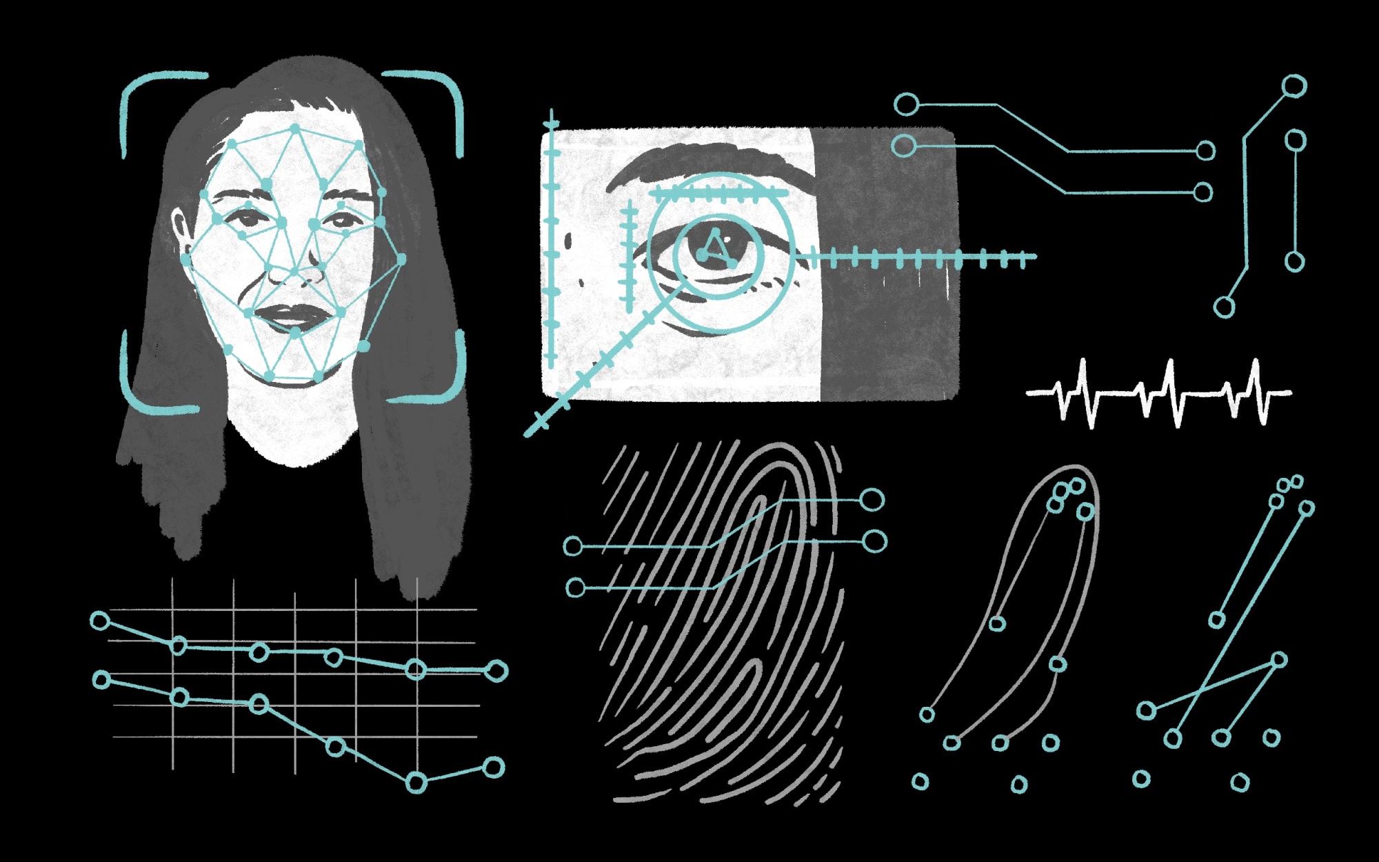 Stylised illustration of biometric data and facial recognition technology