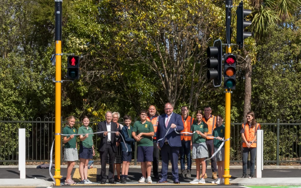 Pedestrian traffic signals being opened in Woodend by Waimakariri mayor Dan Gordon in February 2021.