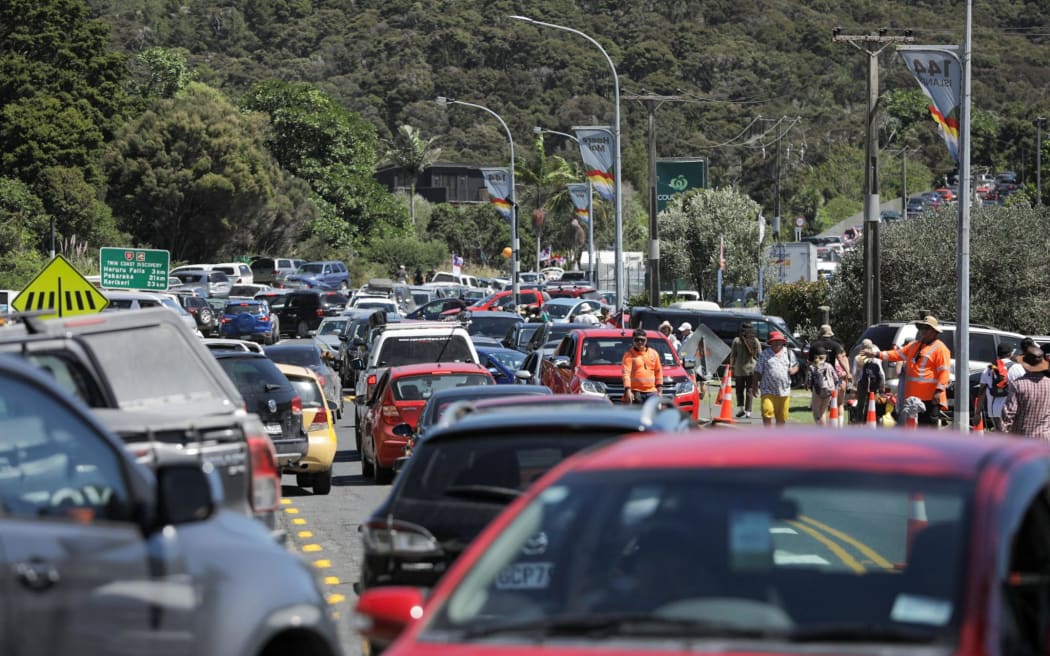 Cars are bumper to bumper on the roads at Waitangi.