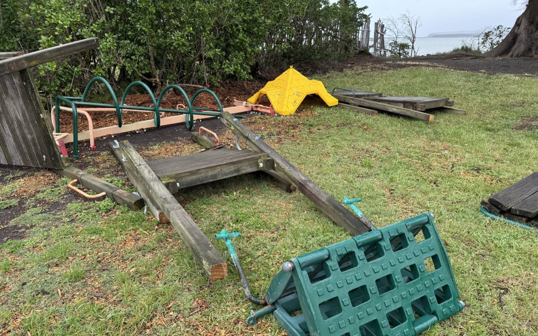 The remains of the old equipment at the Lake Ferry playground.
