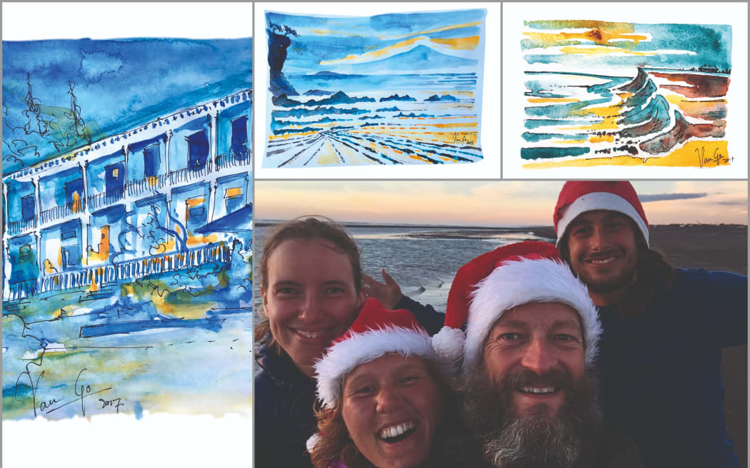 Examples of Tim Voors' artwork on the trail and sharing Christmas Day with his 'butter chicken family'.