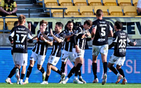 Macarthur FC players celebrate after Harry Sawyer's winning goal against the Wellington Phoenix, at Sky Stadium, Wellington, 22 November 2025.                                                                    
Copyright photo: Masanori Udagawa /  www.photosport.nz