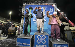 Luca Harrington (L), Miro Tabanelli, Matej Svancer on the men's ski big air podium at the 2025 X Games in Aspen.