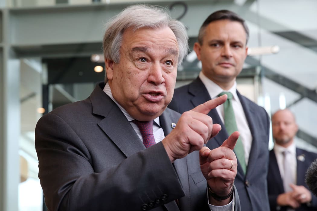 United Nations Secretary-General Antonio Guterres (left) speaks to the media after he attended a breakfast with youth climate change and environmental leaders chaired by the Minister for Climate Change James Shaw.