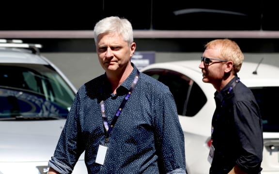 Newshub interim senior director of news Richard Sutherland & Newshub strategic projects director Darryn Fouhy leaving the Auckland Newshub office.