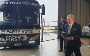 Winston Peters with the NZ First bus on the election campaign in Tauranga.