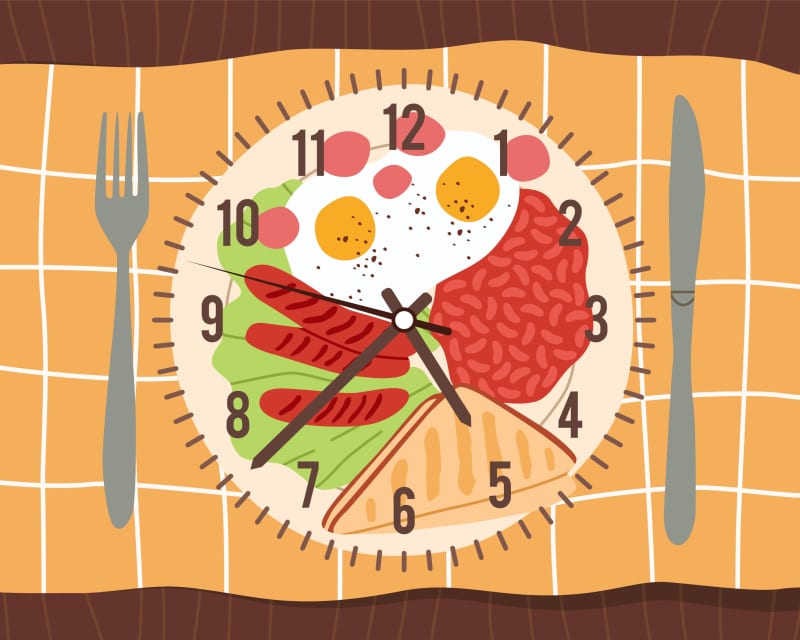Meal time. Daily Nutrition balance, plate of food in form of clock top view, knife and fork, healthy lifestyle proper nutrition, meal schedule, control calories, vector cartoon flat isolated concept