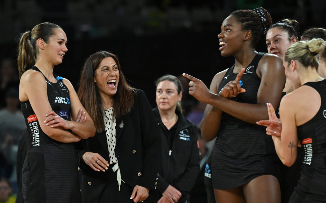 (L-R) Ameliaranne Ekenasio of New Zealand, New Zealand head coach, Dame Noeline Taurua and Grace Nweke of New Zealand react after winning the Constellation Cup series following the game four Constellation Cup match between the Australian Diamonds and the New Zealand Silver Ferns at John Cain Arena in Melbourne, Wednesday, October 30, 2024. (AAP Image/James Ross/Photosport)