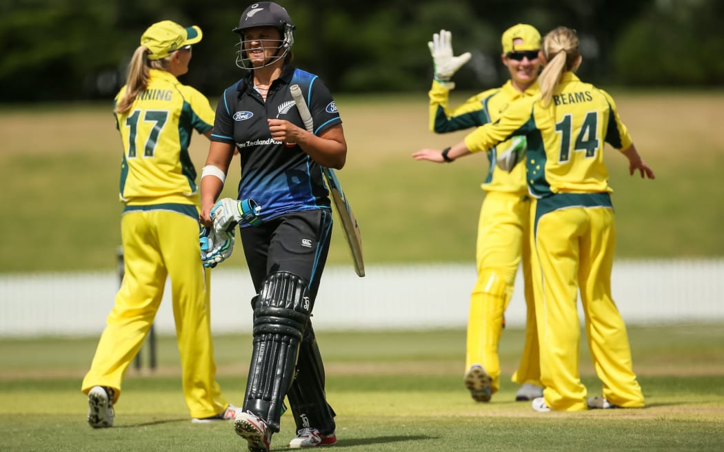White Ferns captain Suzie Bates departs after her dismissal.