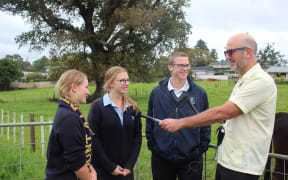 Speaking to Emily Cavell (L) Ella Campin (C) and Stephen Fountain (R) at MAGS Farm