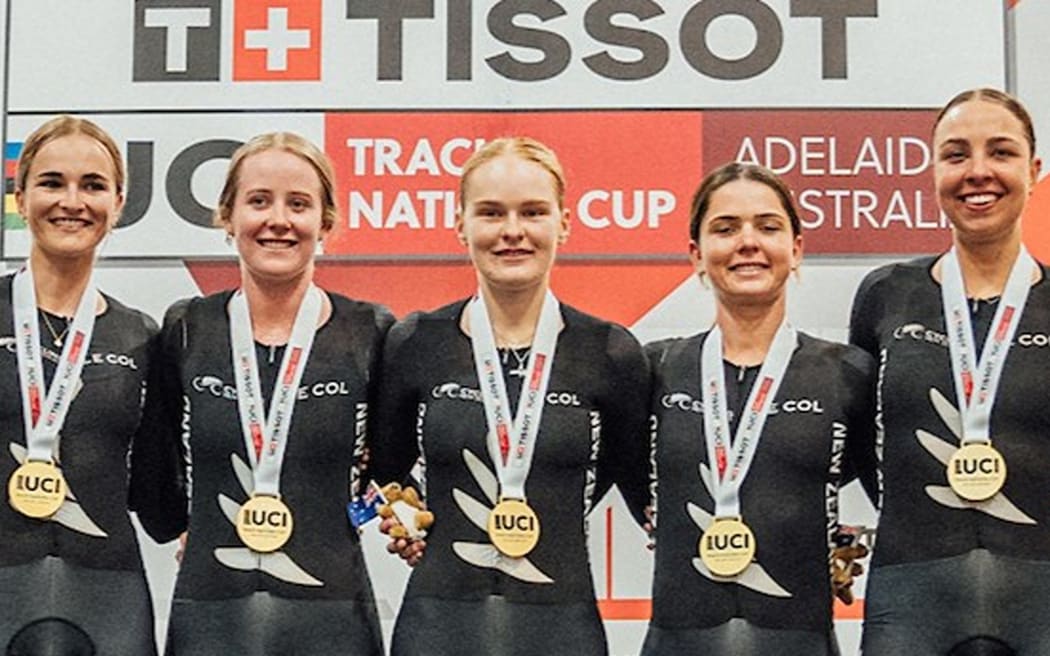 New Zealand claims the team pursuit gold at the UCI track meet in Adelaide, 2 Feb 2024.