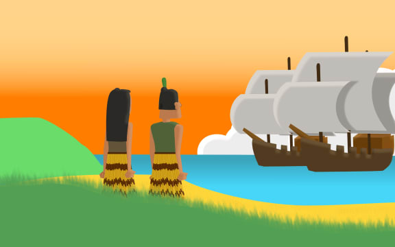 Maori on shore witness the arrival of European ships. Animation by Chris Maguren