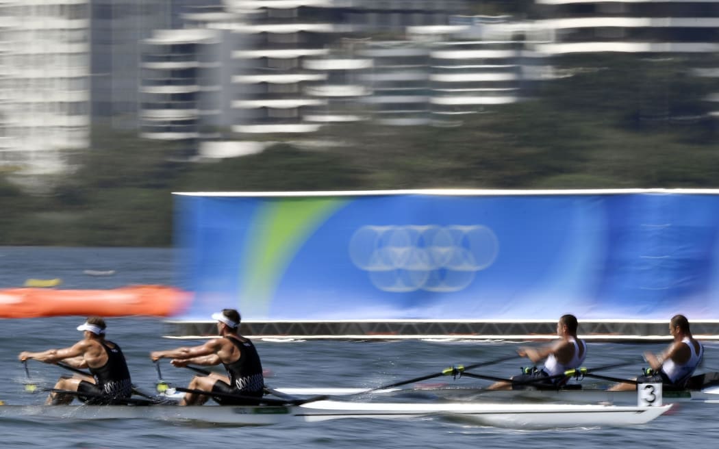 New Zealand's Robert Manson and Christopher Harris compete against an Azerbaijan pair in the men's double sculls on 6 August.