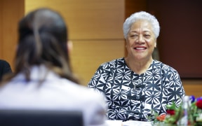 WELLINGTON, NEW ZEALAND - JUNE 14:  Prime Minister of Samoa Fiame Naomi Mata'afa speaks to New Zealand Prime Minister Jacinda Ardern during a bilateral meeting at Parliament on June 14, 2022 in Wellington, New Zealand. Prime Minister of Samoa Fiame Naomi Mata'afa will be making her first official visit to New Zealand from 14-16 June. (Photo by Hagen Hopkins-Pool/Getty Images)