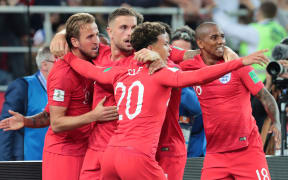 England celebrate a goal at the World Cup in Russia.