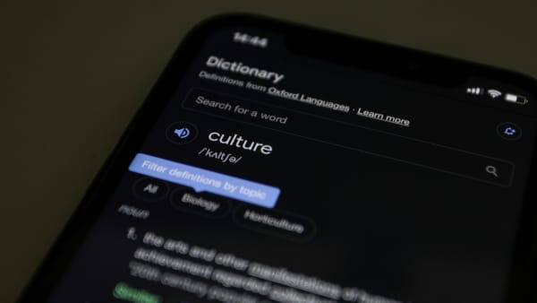 A definition for the word culture appears in the dictionary app on a phone.