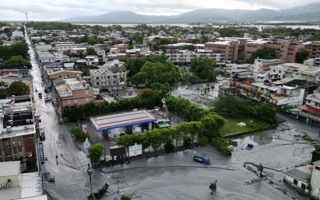 Mud is left in the streets as floodwaters recede in Hualien on September 24 following the bursting of a barrier lake.