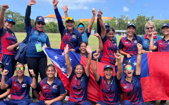 The winning Samoa Under-19 women's cricket team celebrate their qualification for the 2025 ICC Women's Under-19 World Cup. Photo: ICC