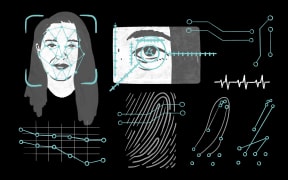 Stylised illustration of biometric data and facial recognition technology
