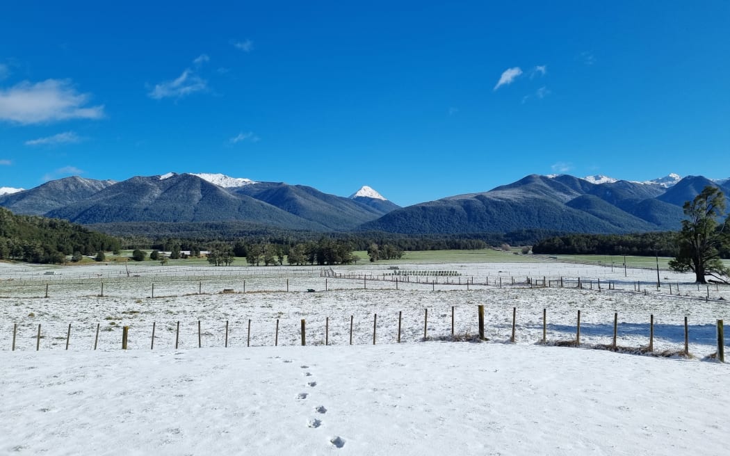 Snow at Lewis Pass, viewed from Lewis Pass Motels, 9 August 2021.