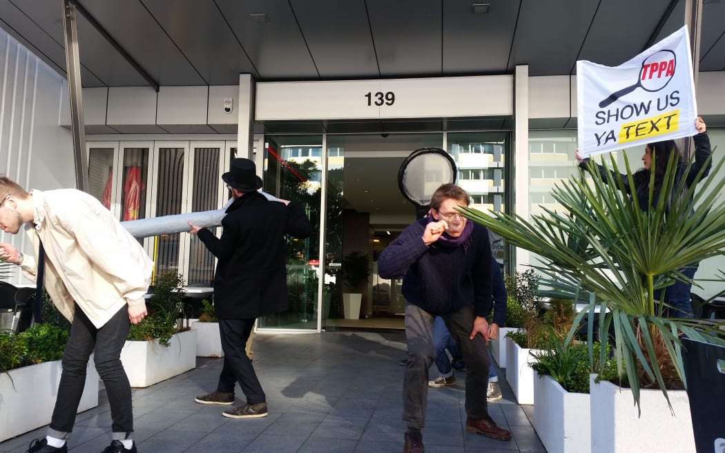 Members of TPP protest group 'Show Us Ya Text' at the Ministry of Foreign Affairs' Auckland office.