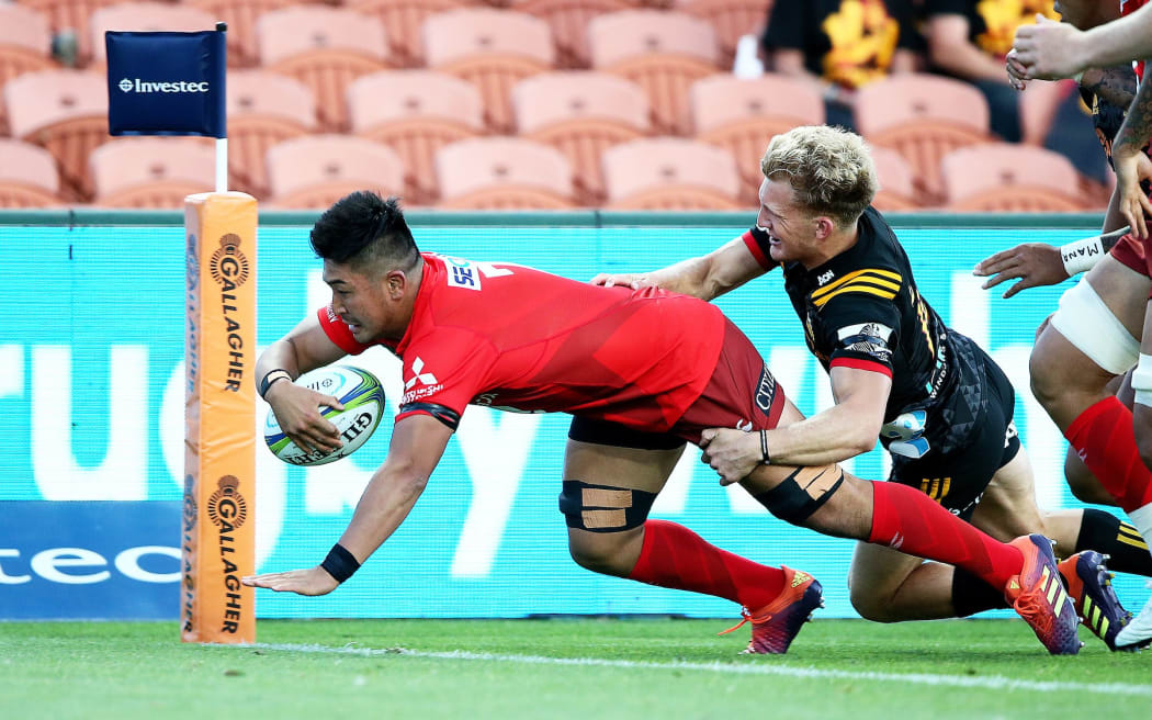 Sunwolves flanker Edward Quirk scores the opening try during the Super 15 Rugby match - Chiefs v Sunwolves played at FMG Stadium Waikato, Hamilton