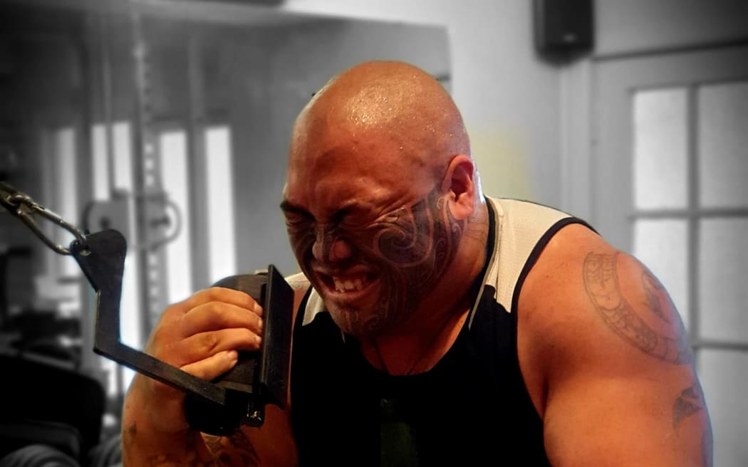 Maateiwarangi Heta-Morris training for the World Armwrestling championship where he was ranked 10th in the world in the Superheavy weight division.