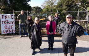 Hapū and community members in Ōpua say vegetation clearance at Puketītī is a breach of trust. From left, Phoenix Tana, Moengaroa Tana, Linda Harris, Paula Becks, Cynthia Matthews and Anthony Williams. Photo: RNZ / Peter de Graaf