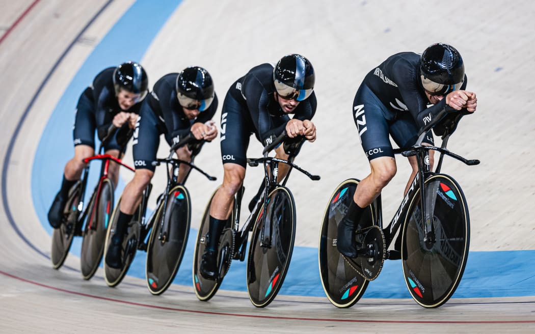 Picture by Alex Whitehead/SWpix.com - 14/03/2025 - Cycling - Tissot UCI Track Nations Cup: Konya - Konya Velodrome, Konya, Türkiye - Men's Team Pursuit Qualifying - Marshall Erwood, Keegan Hornblow, Nicholas Kergozou de la Boessiere, Thomas Sexton (New Zealand)