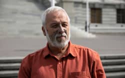 Activist Mike Smith on the forecourt of Parliament, 6 April 2023