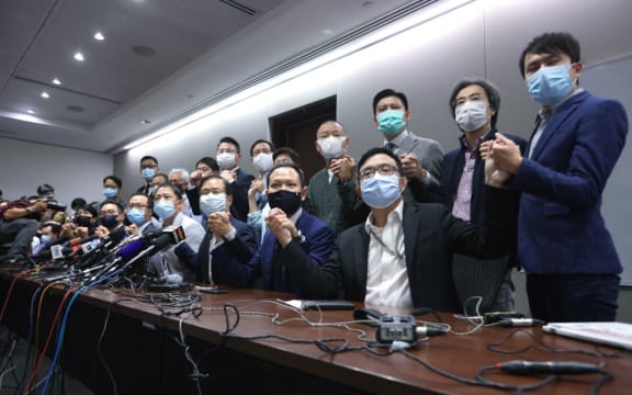 Pan-democratic legislators hold a press conference to resign from the Legislative Council en masse after Alvin Yeung Ngok-kiu, Kwok Ka-ki, Kenneth Leung and Dennis Kwok were disqualified when China passed a new resolution in Hong Kong.
