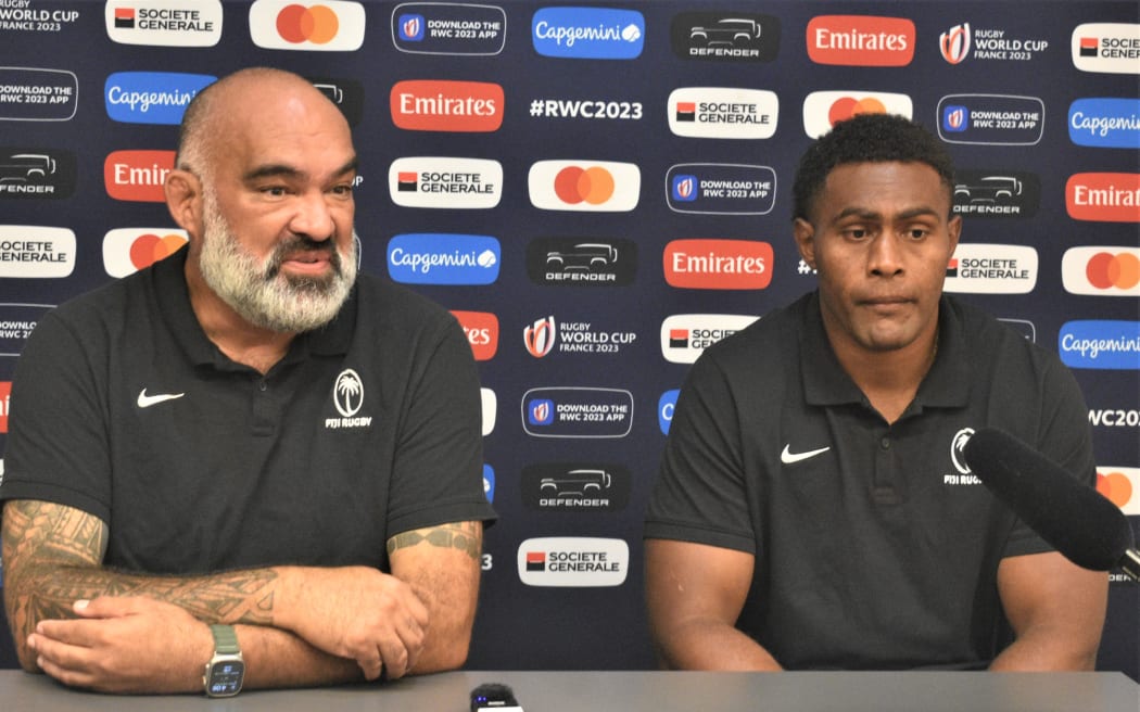 Flying Fijians head coach Simon Raiwalui and Viliame Mata during the press conference at the Reinassance Hotel in Bordeaux.