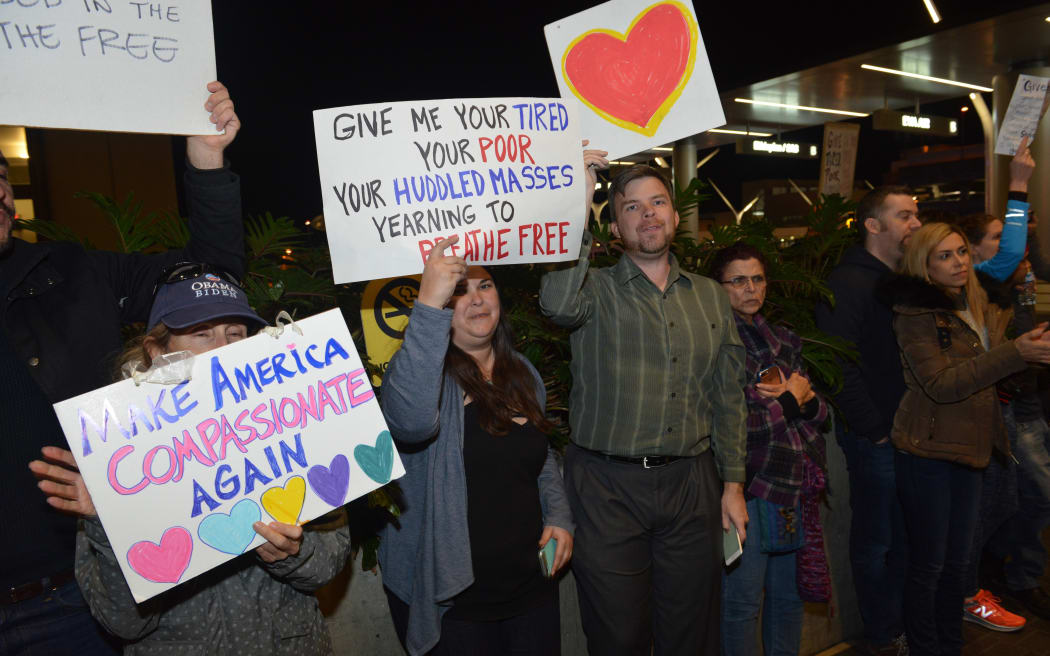 Protesters at  Los Angeles international airport.