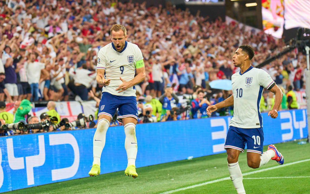Harry Kane (L) celebrates a goal for England against the Netherlands in their Euro 2024 semi-final.