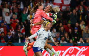 England's players celebrate their victory over Nigeria after a penalty shoot-out, 2023 FIFA World Cup.