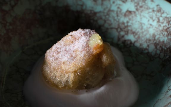 Peach mousse with kawakawa crumble.