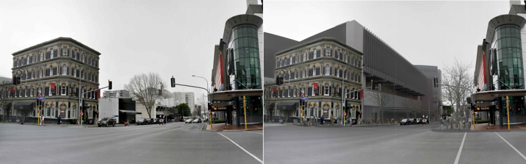 Before and after images of the convention centre.