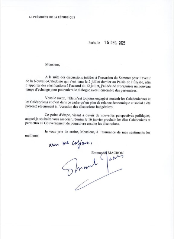 Invitation from French President Macron to New Caledonia’s politicians on 16 January 2026.