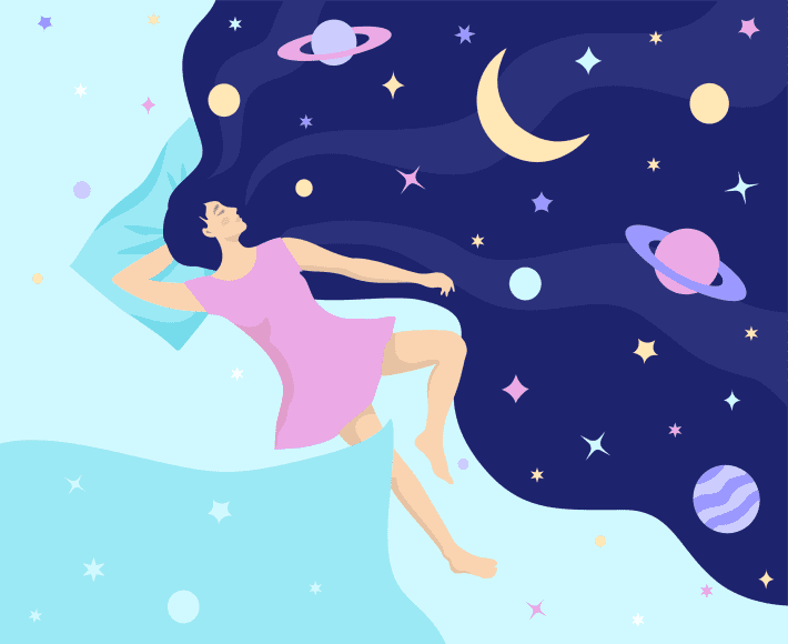 Girl with night dream universe. Woman universe in hair. Modern flat character. Woman character in dream