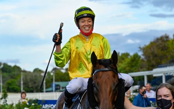 Japanese jockey Taiki Yanagida rides a winner at Ellerslie 2022.