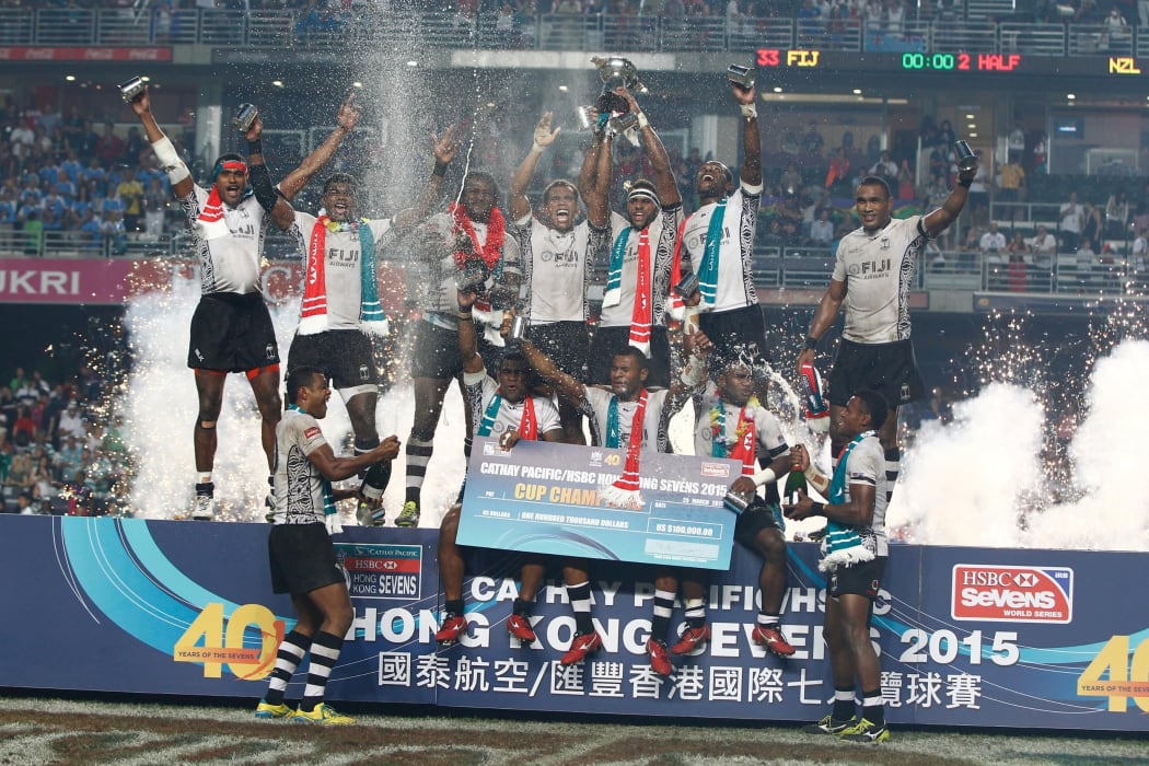 Fiji celebrate winning the Hong Kong Sevens.