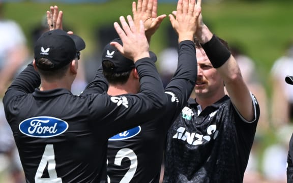 Matt Henry celebrates the wicket of Keacy Carty. Game 3 of the One Day international cricket series between New Zealand and West Indies at Seddon Park in Hamilton